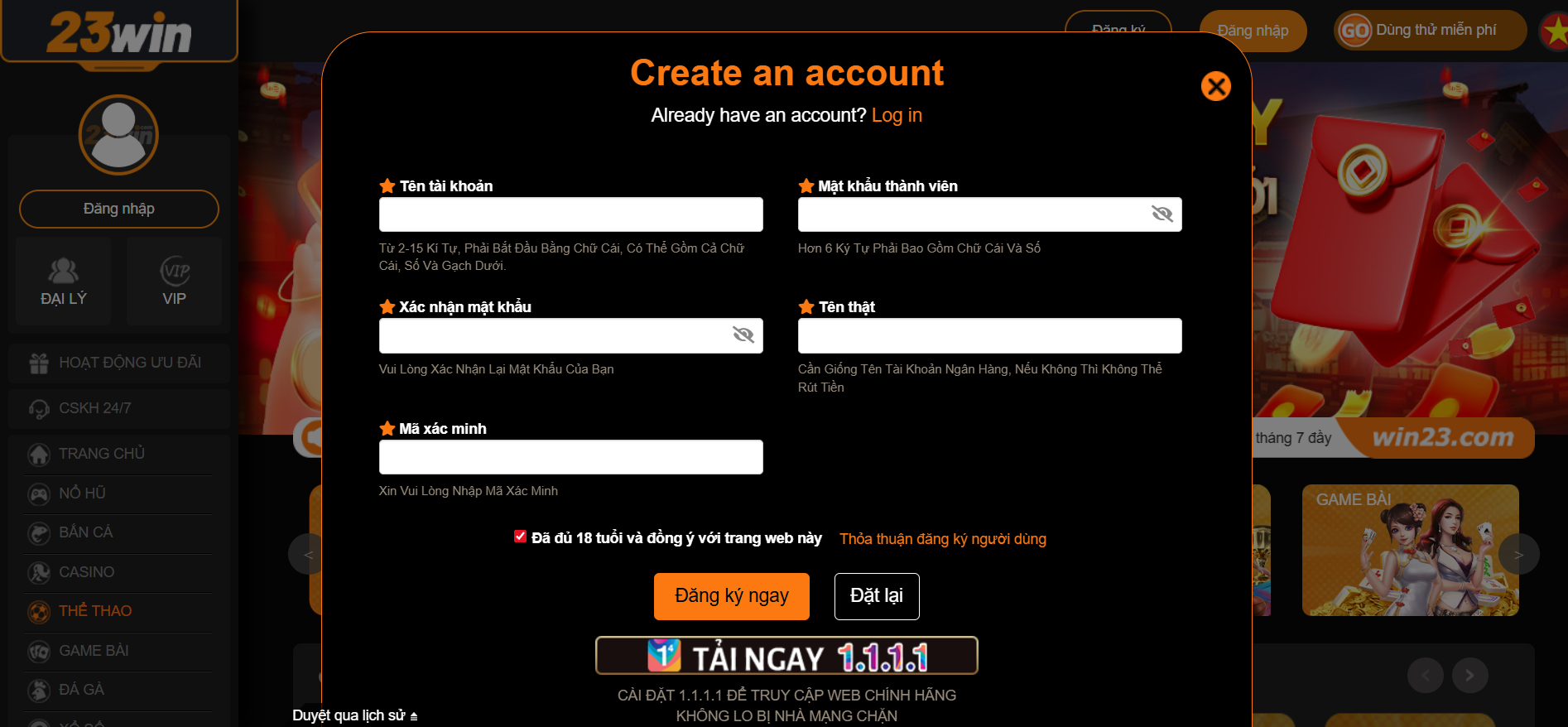 Việc đầu tiên và không kém phần quan trọng đó chính là bạn phải phải truy cập chính xác đường link trang chủ 23Win