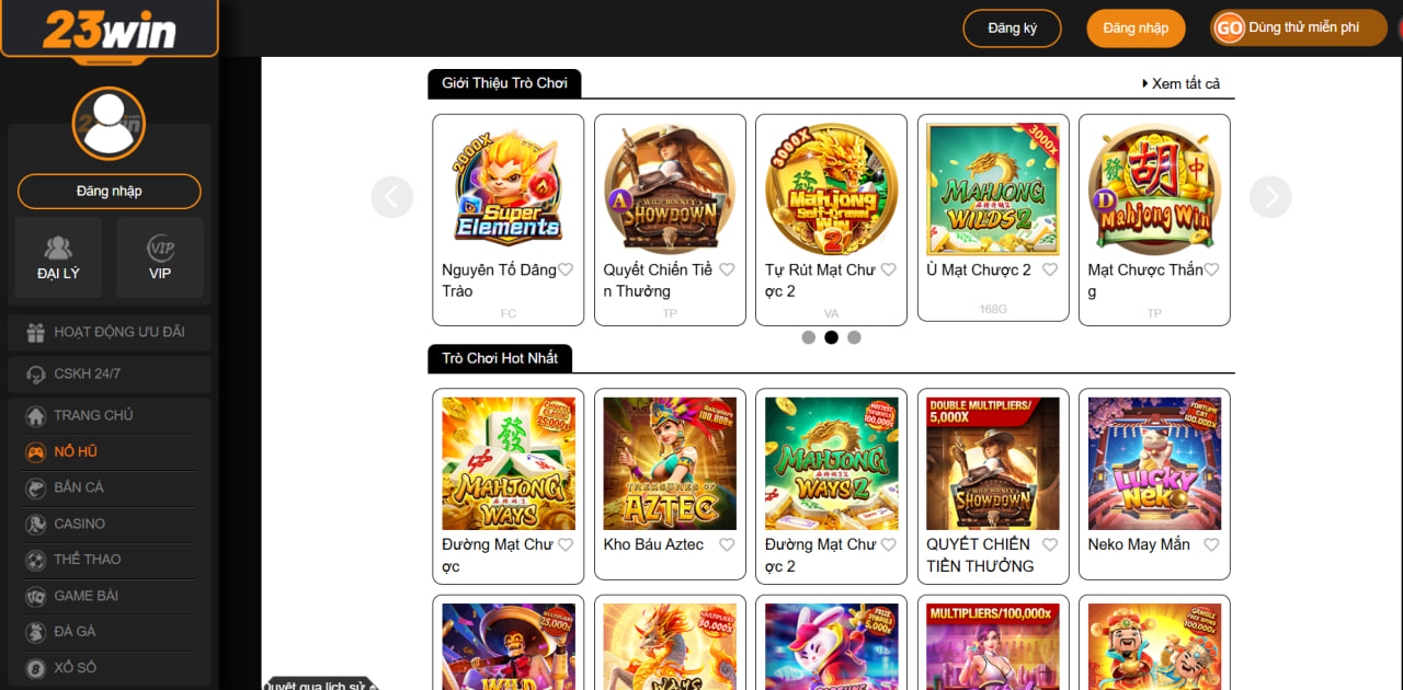 Trải nghiệm sảnh nổ hũ 23Win cùng các nhà cung cấp như: PG, JILI, +TP, FC, MW, Next Spin, R88,...