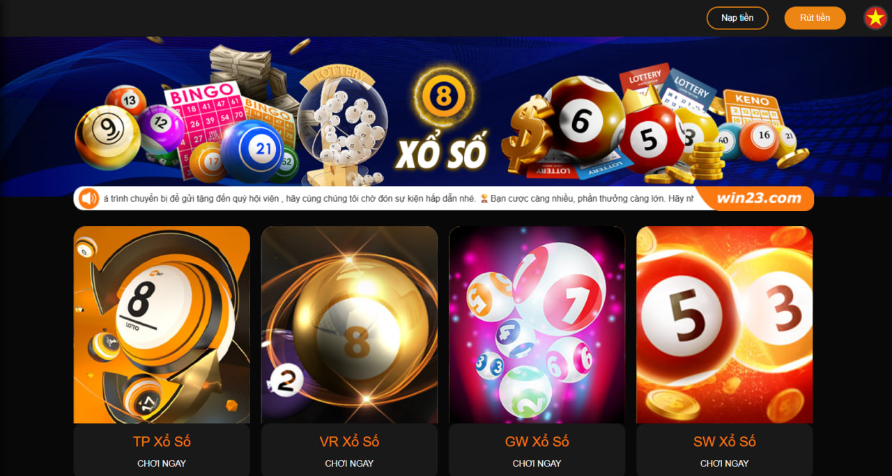 Sảnh xổ số 23Win có 4 nhà cung cấp chính là TP, VR, GW và SW mang đến cho bạn nhiều thể loại trò chơi xổ số để bạn có thể thử áp dụng công thức nuôi lô kép 2 ngày bất bại vừa được chia sẻ